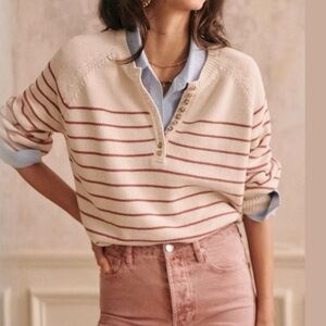 Sezane Leontine Cream and Pink Striped Henley Sweater